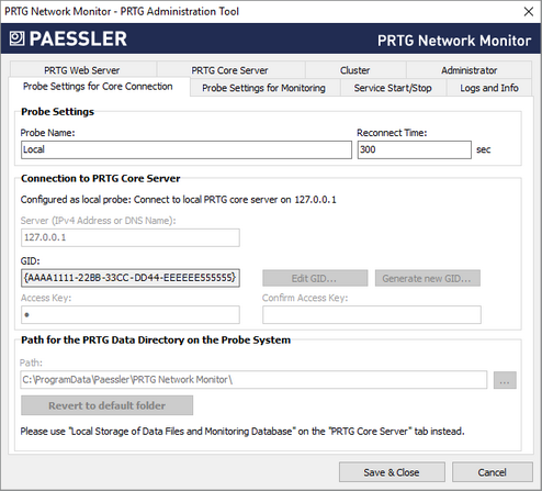 Probe Settings for Core Connection Tab