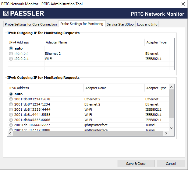 Probe Settings for Monitoring Tab